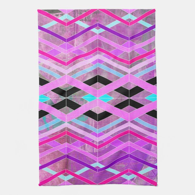 Purple Pink & Aqua Geometric Crossing Stripes Tea Towel (Vertical)