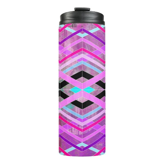 Purple Pink & Aqua Geometric Crossing Stripes Thermal Tumbler (Front)