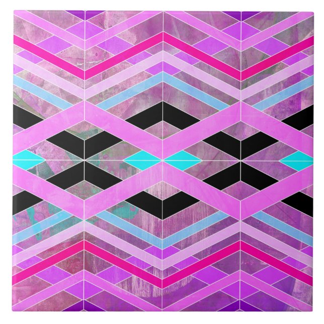 Purple Pink & Aqua Geometric Crossing Stripes Tile (Front)