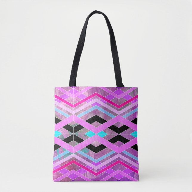 Purple Pink & Aqua Geometric Crossing Stripes Tote Bag (Front)
