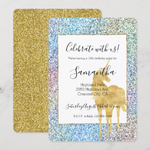 Purple Pink Aqua Gold Unicorn Glitter      Invitation