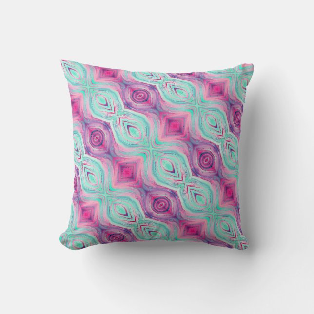 Purple Pink Aqua Pattern Reversible Boho Cushion (Front)