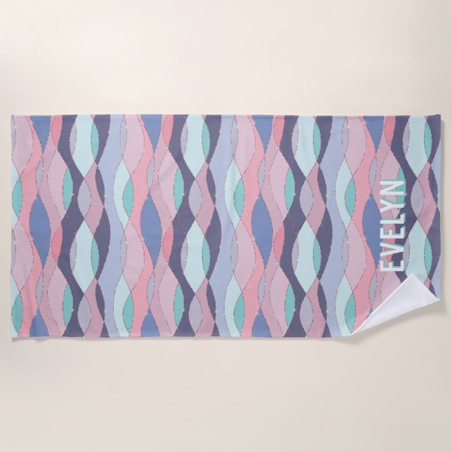 Purple Pink Aqua Wavy Personalised Name Beach Towel (Front)