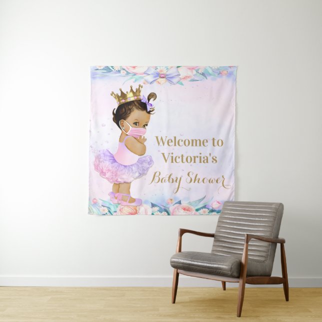 Purple Pink Baby With Mask Baby Shower SQ Backdrop Tapestry (In Situ)