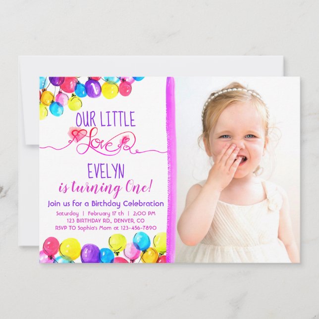 Purple pink BALLOON Girl 1st Birthday Invitation (Front)