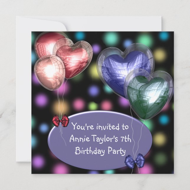 Purple Pink Balloons Girls 7th Birthday Party Invitation (Front)