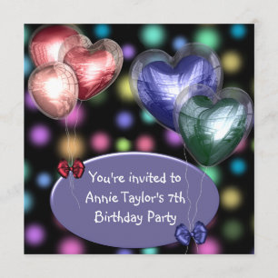 Purple Pink Balloons Girls 7th Birthday Party Invitation