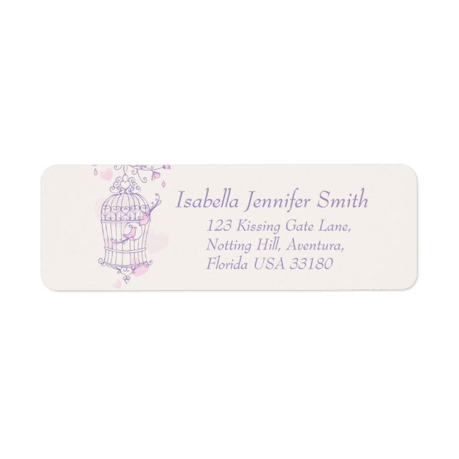 Purple pink bird cage wedding return address label (Front)