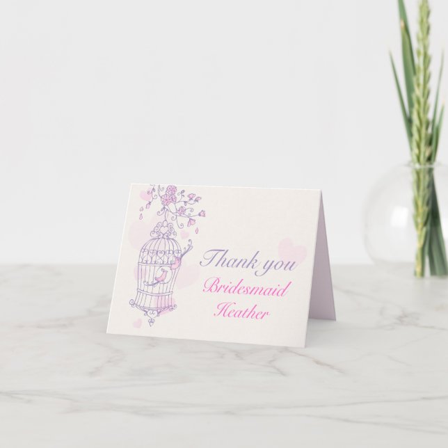 Purple pink bird wedding bridesmaid thank you card (Front)