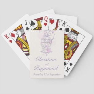 Purple pink birds cage wedding name playing cards
