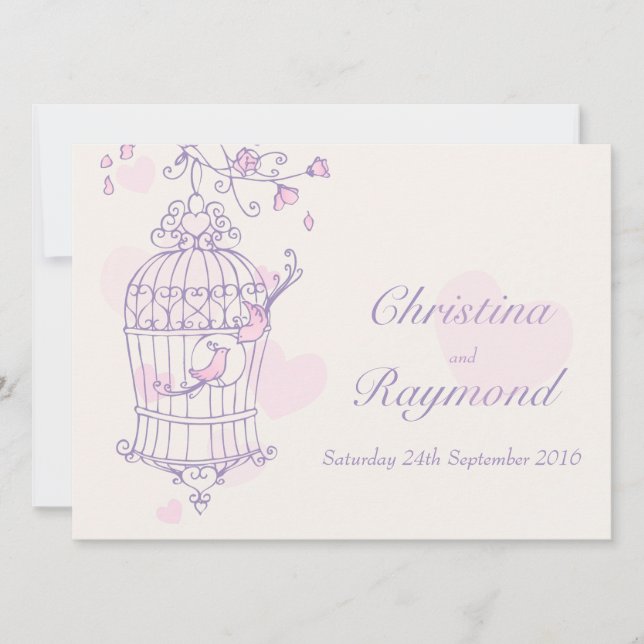 Purple pink birds open cage wedding invitation (Front)