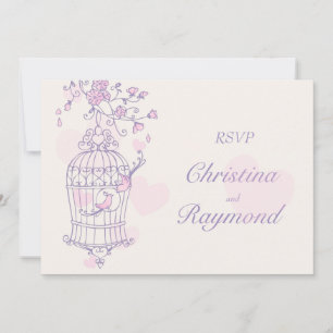 Purple & pink birds open cage wedding RSVP Invitation