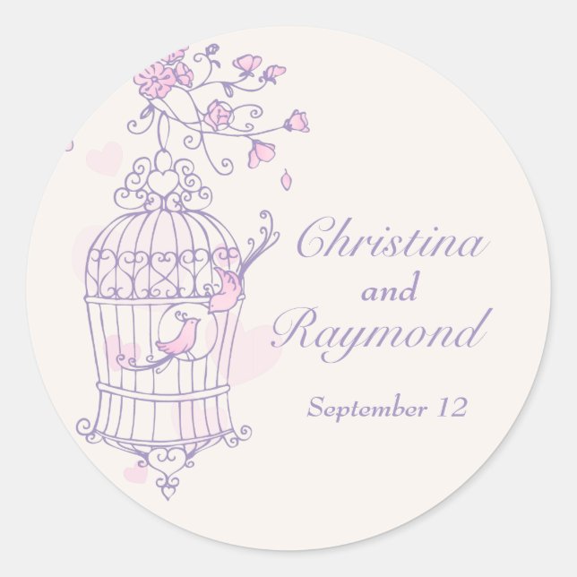 Purple & pink birds open cage wedding sticker (Front)