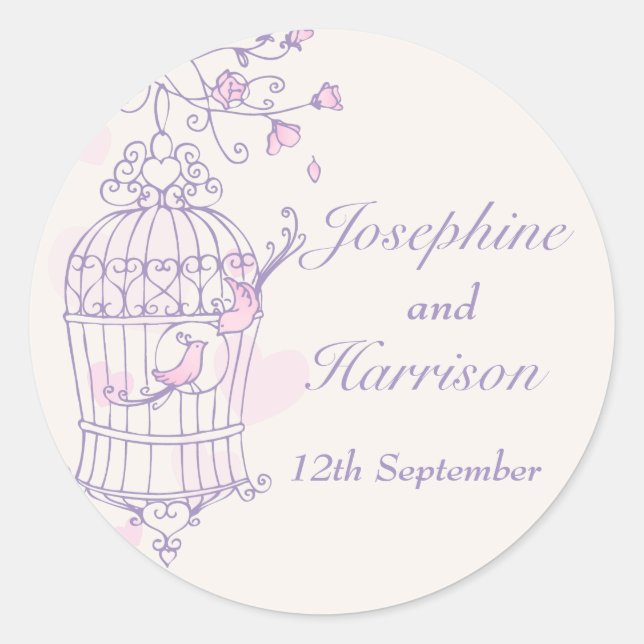 Purple & pink birds open cage wedding sticker (Front)