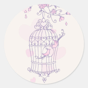Purple & pink birds open cage wedding sticker