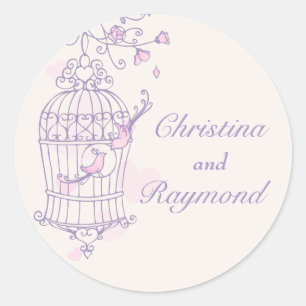 Purple & pink birds open cage wedding sticker