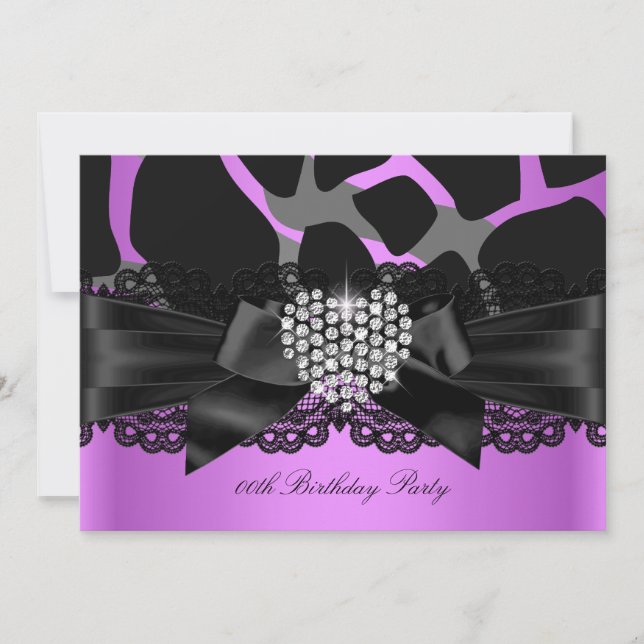 Purple Pink Black Diamond Heart Birthday Party Invitation (Front)