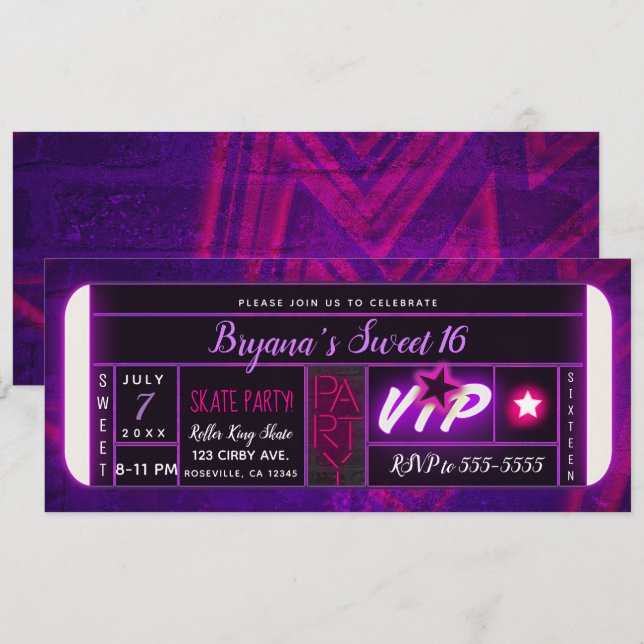 Purple Pink Black Light Glow Birthday Party Ticket Invitation (Front/Back)
