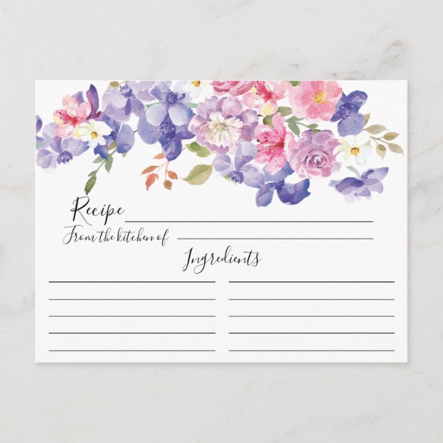 Purple & Pink Blooms Floral Recipe Card (Front)
