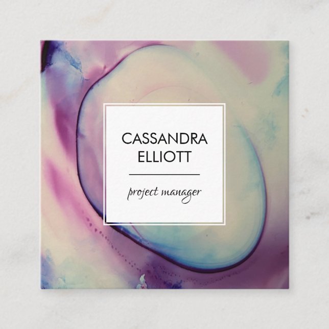 Purple, Pink & Blue Alcohol Ink Liquid Art Square Business Card (Front)