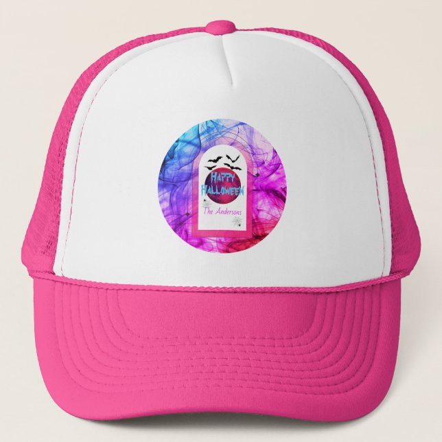 Purple Pink Blue Bat Modern Spooky Happy Halloween Trucker Hat (Front)