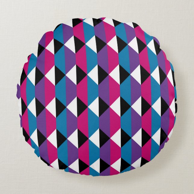 Purple, Pink, Blue, Black and White Diamond Round Cushion (Front)