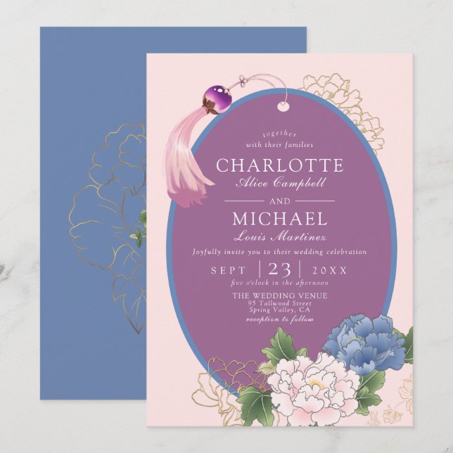 Purple Pink Blue Chinoiserie Peony Tassel Wedding  Invitation (Front/Back)