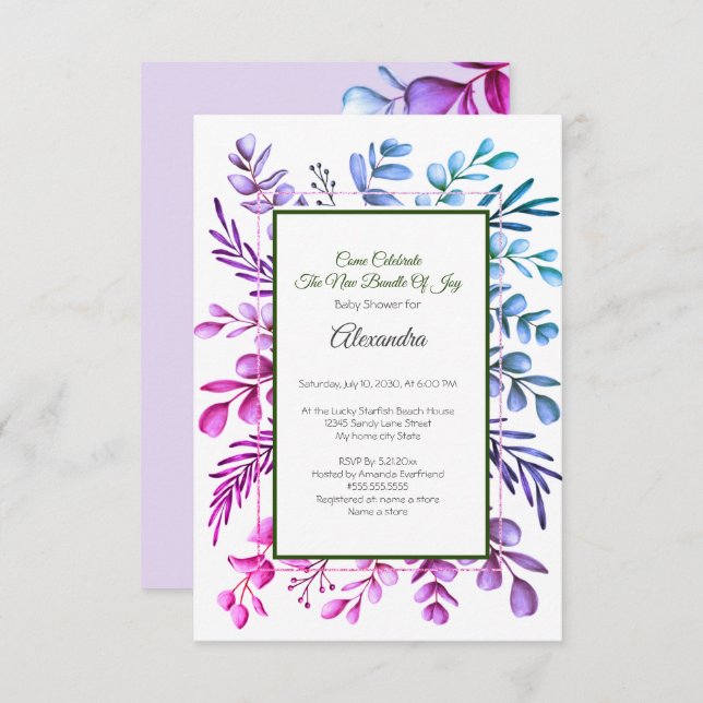 Purple Pink Blue Eucalyptus Baby Shower invitation (Front/Back)