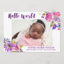 Purple Pink & Blue Flower Photo Birth Announcement