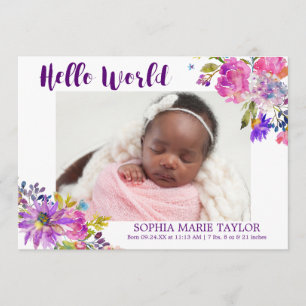 Purple Pink & Blue Flower Photo Birth Announcement