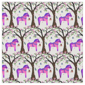 Purple/pink/blue Folk Dala horse/ birds/flowers Fabric