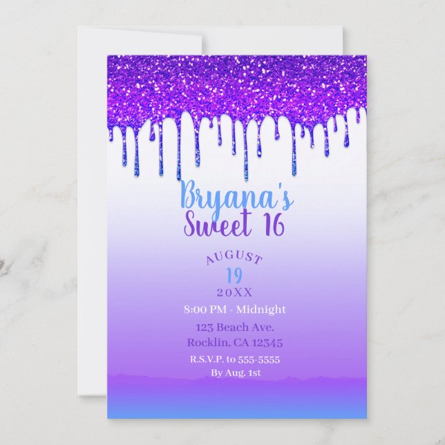 Purple Pink & Blue Glitter Drip Sweet 16 Party Invitation (Front)