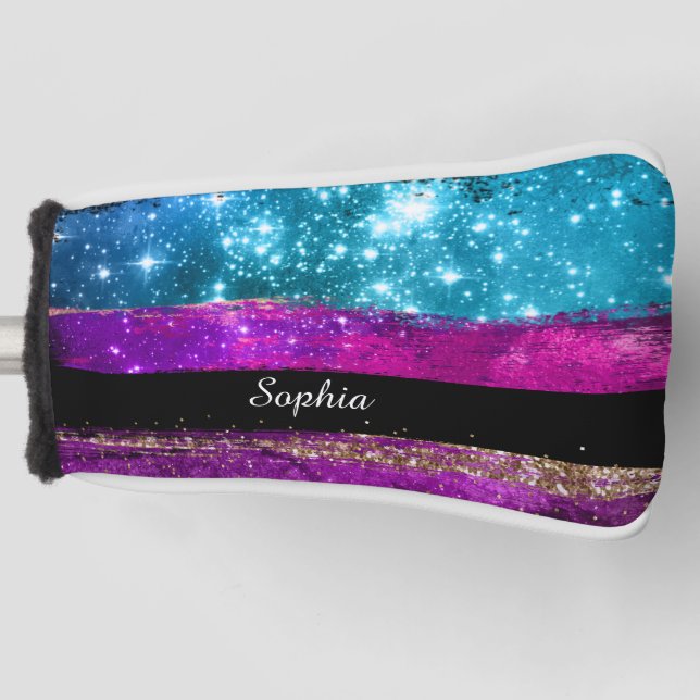 Purple Pink Blue Glitter Stars Brush Strokes Name Golf Head Cover (Front)