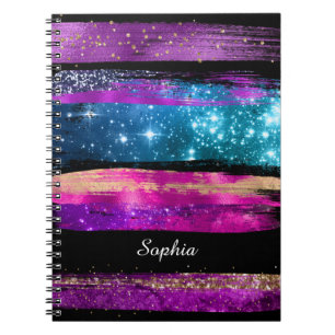 Purple Pink Blue Glitter Stars Brush Strokes Name Notebook