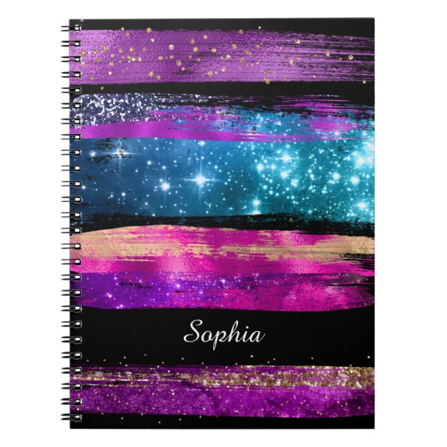 Purple Pink Blue Glitter Stars Brush Strokes Name Notebook (Front)