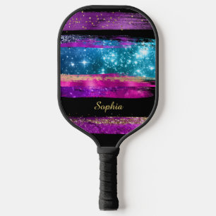 Purple Pink Blue Glitter Stars Brush Strokes, Name Pickleball Paddle