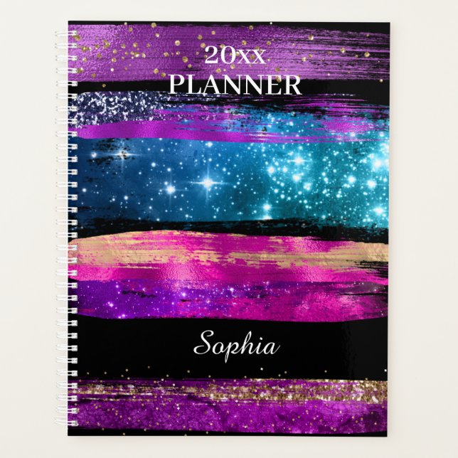 Purple Pink Blue Glitter Stars Brush Strokes Name Planner (Front)