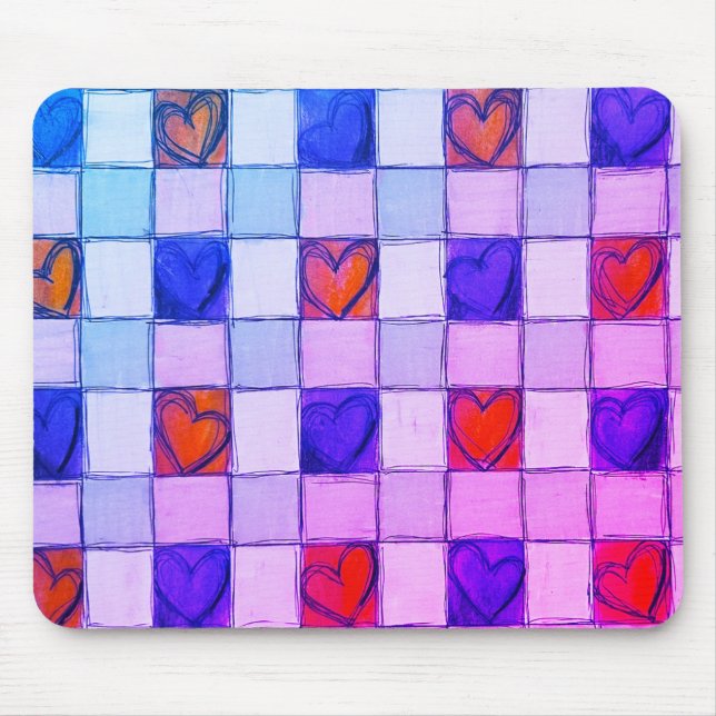 Purple pink blue heart gingham Mouse pad (Front)