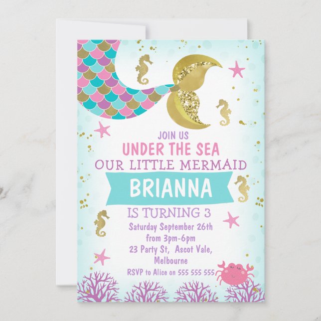 Purple Pink Blue Mermaid Tail Birthday Invitation (Front)