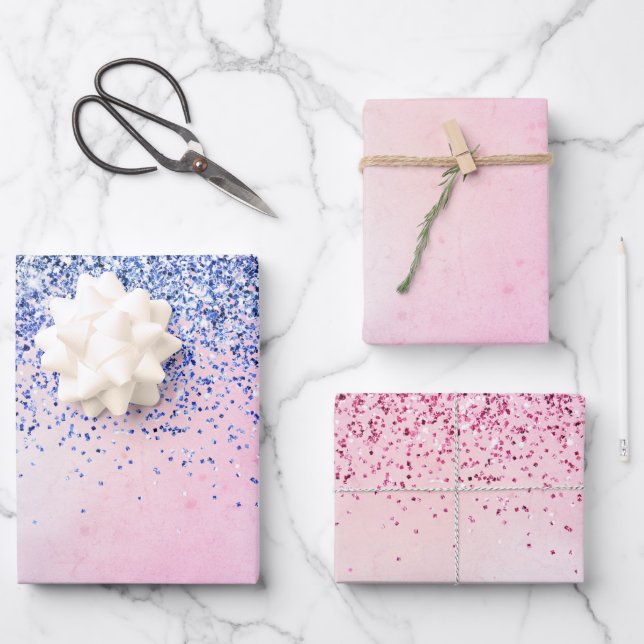 Purple Pink Blue Ombre Glitter Wrapping Paper Sheet (Front)