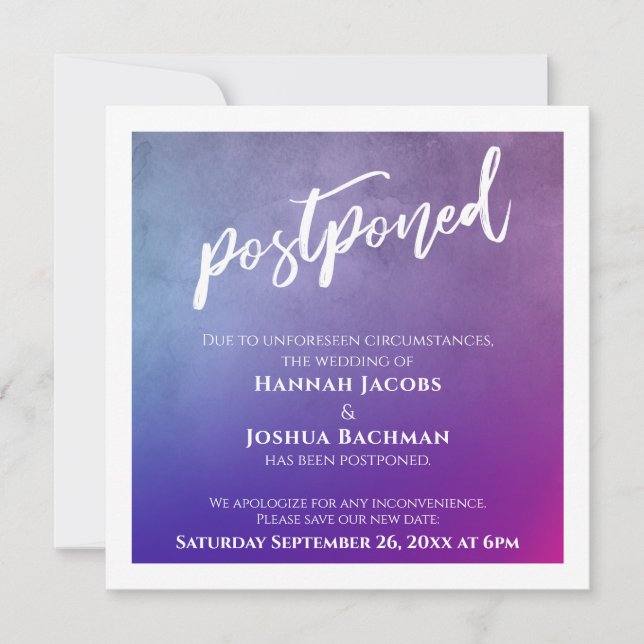 Purple, Pink & Blue Ombre Postponed Wedding Card (Front)