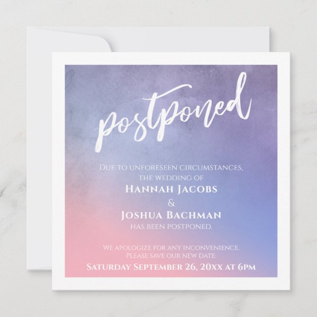 Purple, Pink Blue Ombre Postponed Wedding Card (Front)