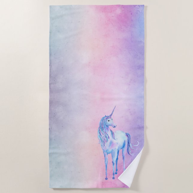 Purple Pink Blue Ombre Unicorn Beach Towel (Front)