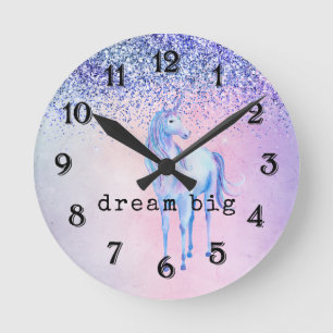 Purple Pink Blue Ombre Unicorn Glitter Round Clock
