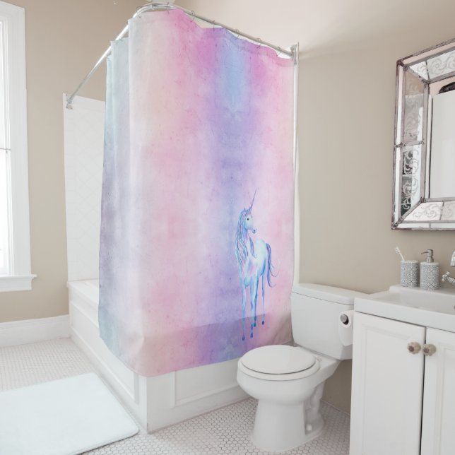 Purple Pink Blue Ombre Unicorn Shower Curtain (In Situ)