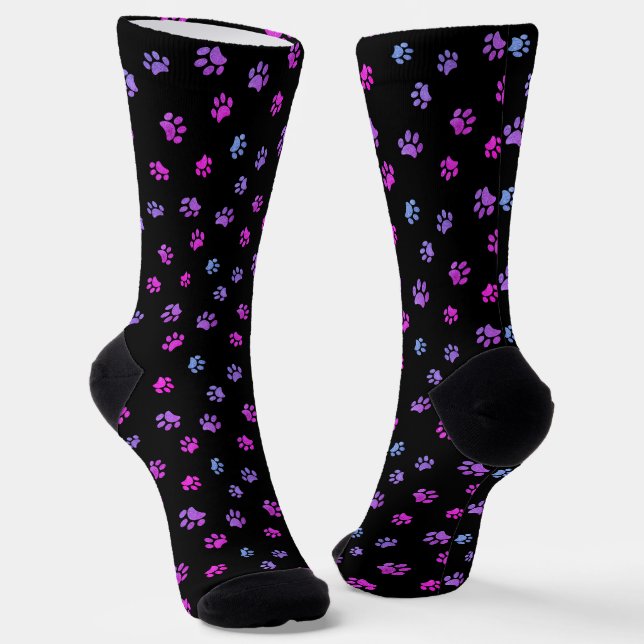 Purple Pink Blue Paw Prints Pattern Black Socks (Angled)