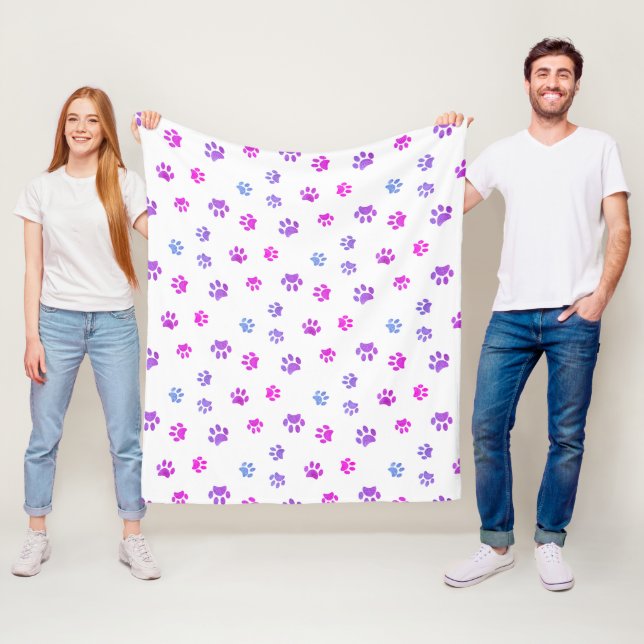 Purple Pink Blue Paw Prints Pattern Fleece Blanket (In Situ)