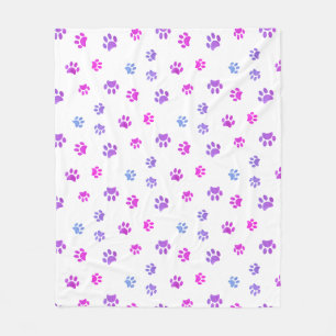 Purple Pink Blue Paw Prints Pattern Fleece Blanket