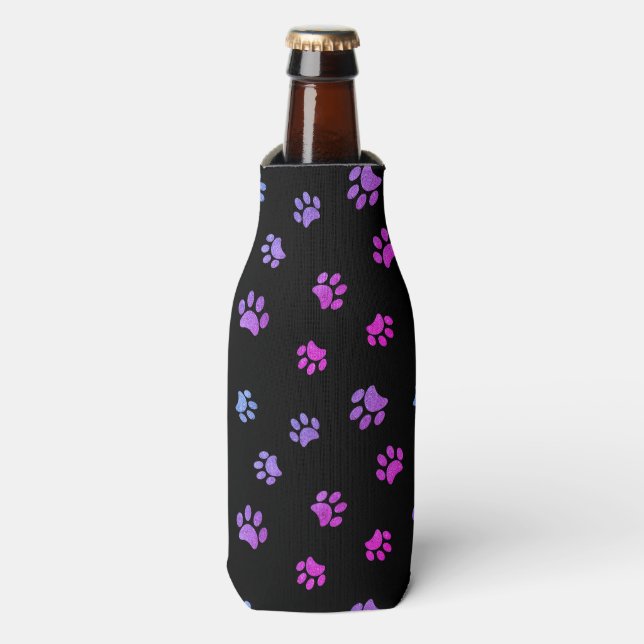 Purple Pink Blue Paw Prints Pattern on Black Bottle Cooler (Bottle Front)