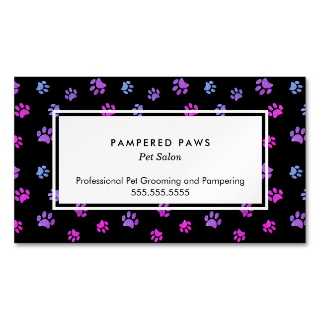 Purple Pink Blue Paw Prints Professional Pet Salon Magnetic Business Card (Front)